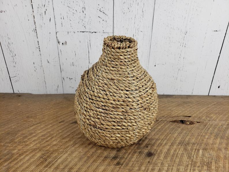 Vintage Weaved Wicker & Metal Vase