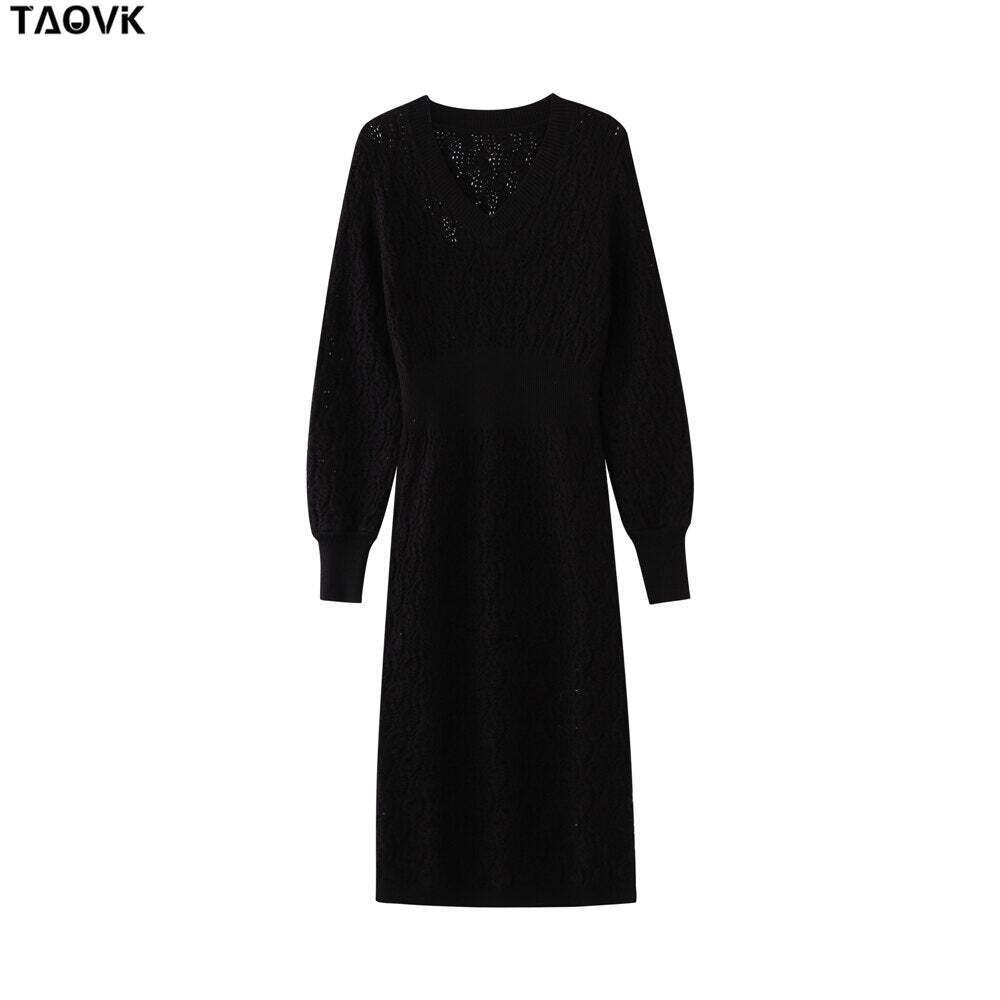 TAOVK Women's Solid color Costume Knitted V-neck Hollow Lantern