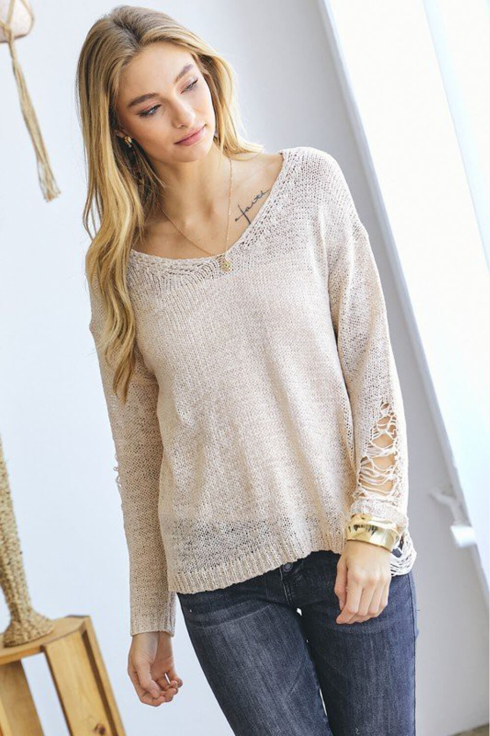 Davi & Dani Distressed Drop Shoulder Knit Top