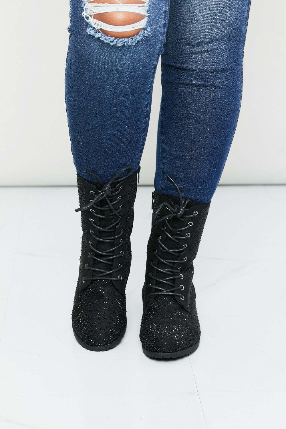 Forever Link Rhinestone Lace-Up Combat Booties