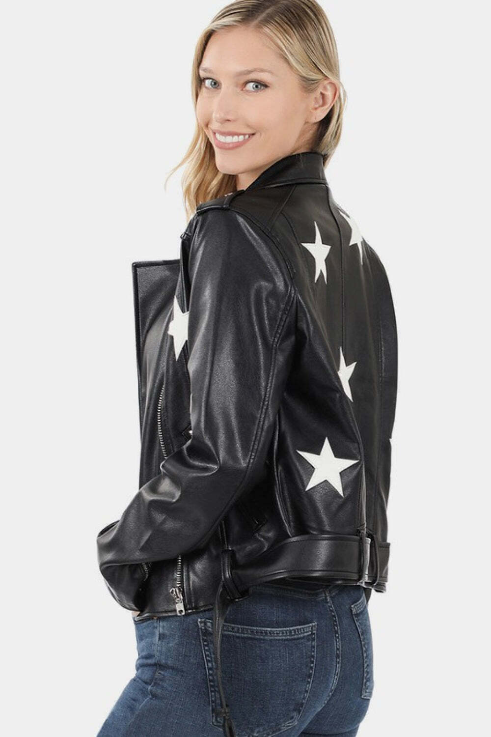 Zenana Vegan Leather Star Patch Moto Jacket