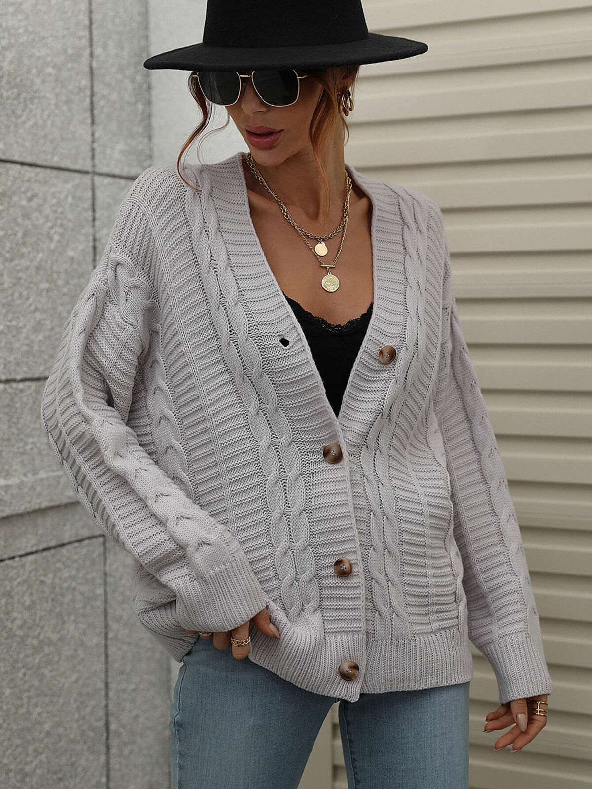 Cable-Knit Ribbed Trim V-Neck Cardigan