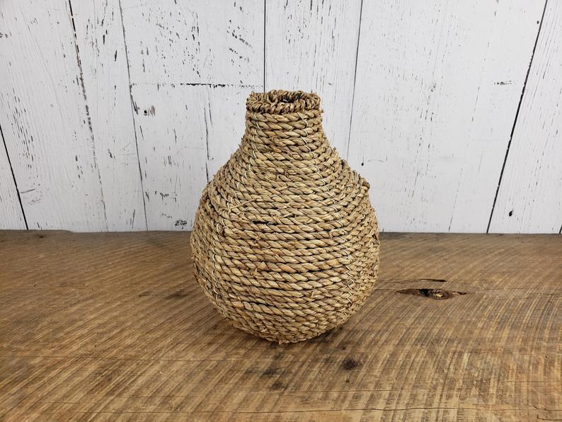 Vintage Weaved Wicker & Metal Vase