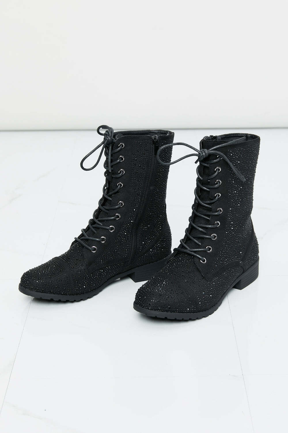 Forever Link Rhinestone Lace-Up Combat Booties
