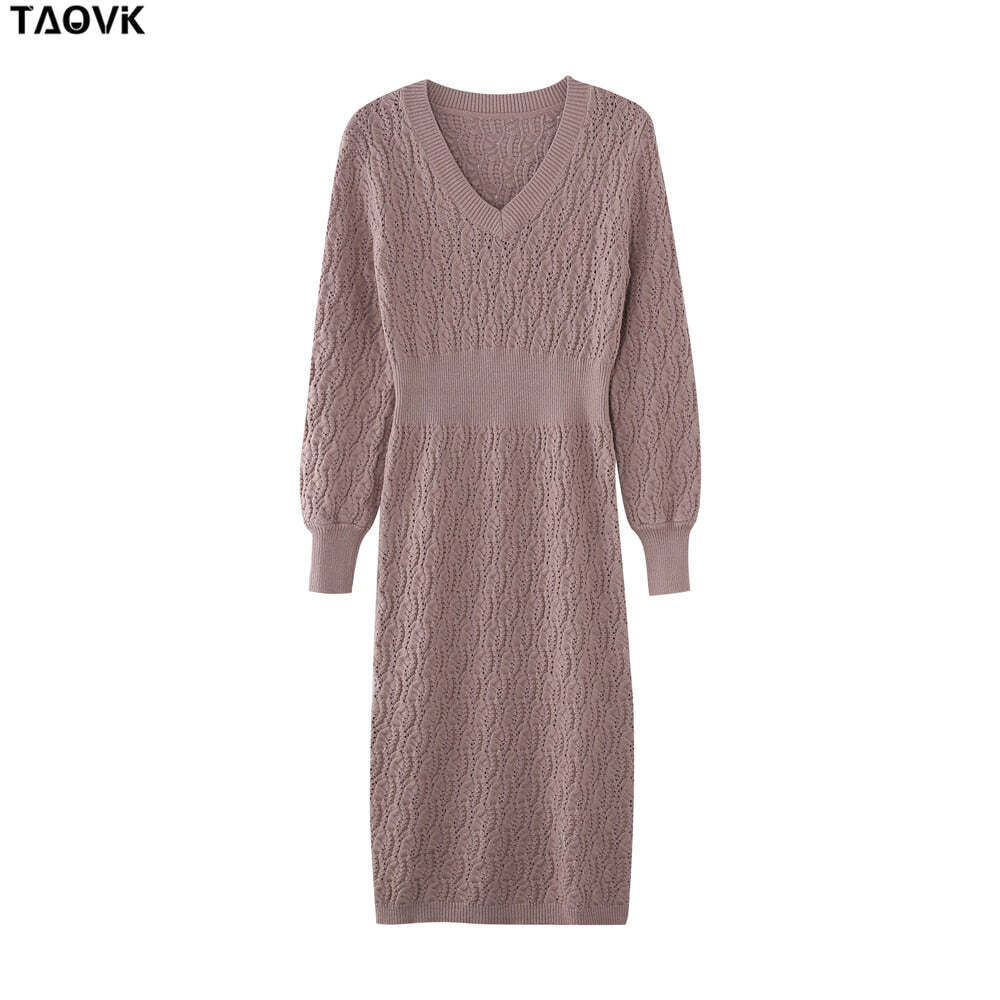 TAOVK Women's Solid color Costume Knitted V-neck Hollow Lantern