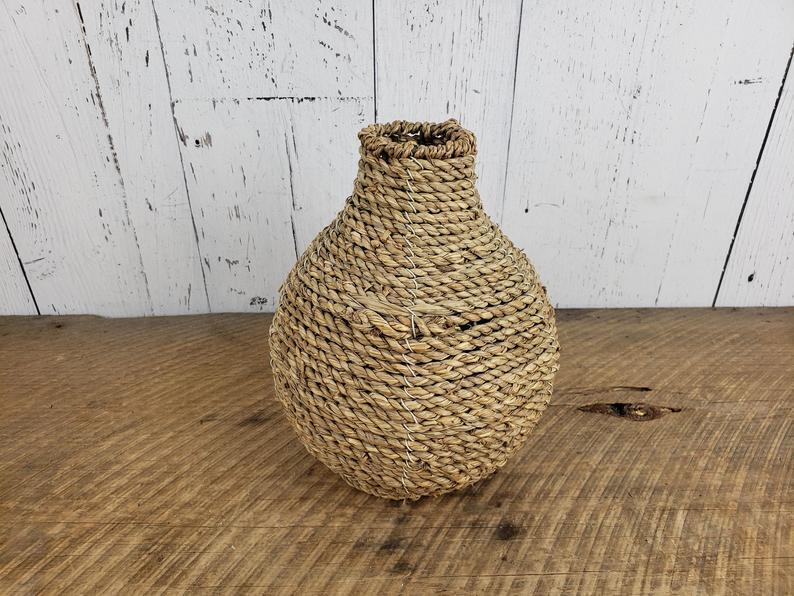 Vintage Weaved Wicker & Metal Vase
