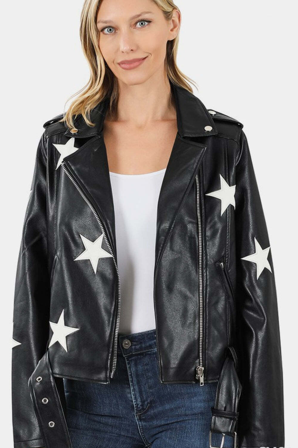 Zenana Vegan Leather Star Patch Moto Jacket