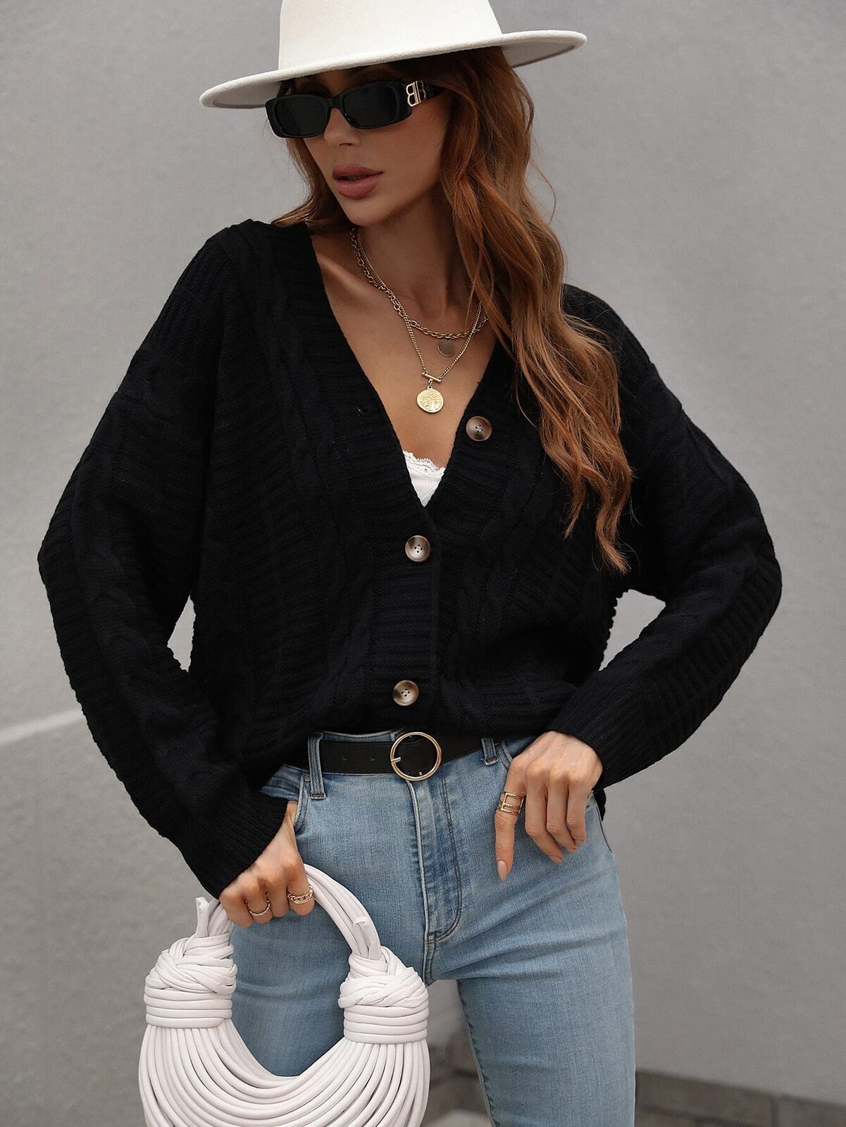 Cable-Knit Ribbed Trim V-Neck Cardigan