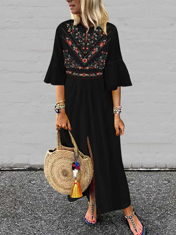 Bohemian Floral Print Flare Sleeve High Split Long Maxi Dress