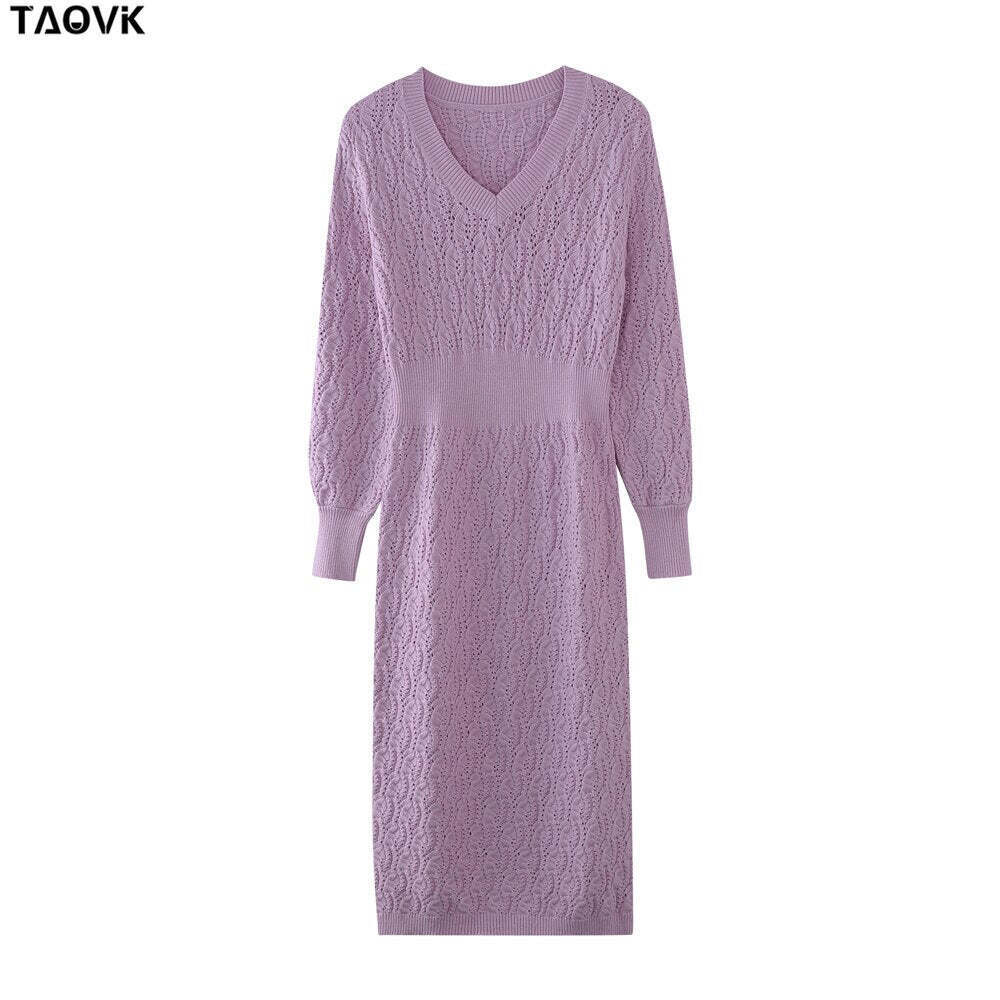 TAOVK Women's Solid color Costume Knitted V-neck Hollow Lantern