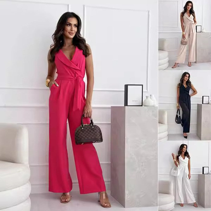 V-neck Sleeveless Jumpsuit With Belt Design