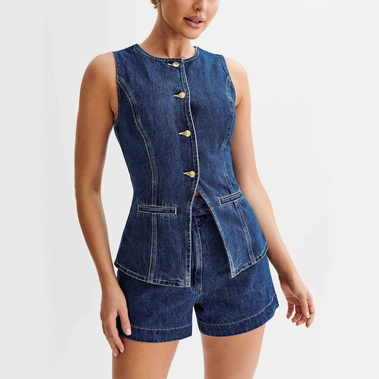 Fashion Denim Suit Summer Casual Sleeveless Button Vest Top