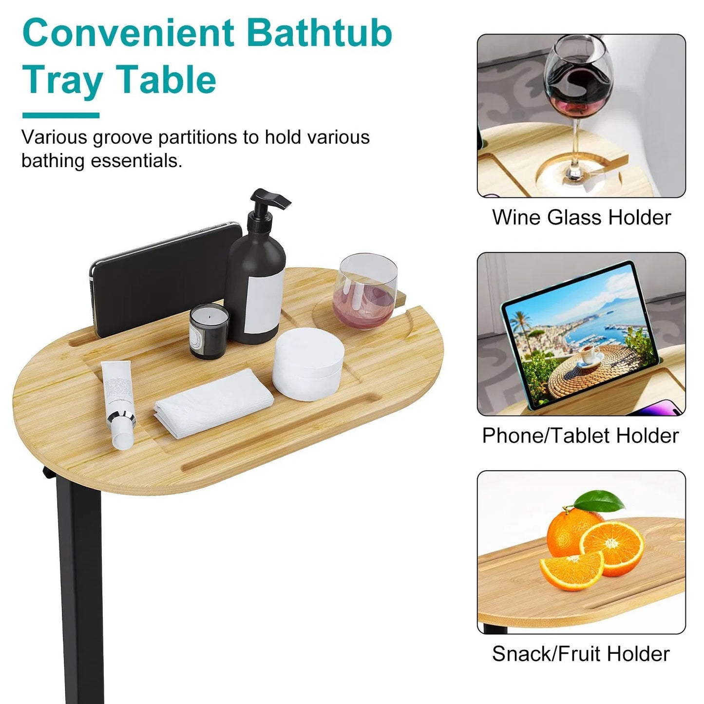Bath Tub Tray Table, Liftable Freestanding Bamboo Bath Tray Caddy