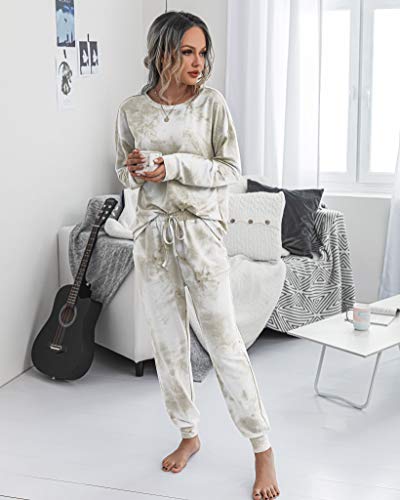 PRETTYGARDEN Women's Tie Dye Two Piece Tracksuit Set Long Sleeve Sweatshirt with Long Pants (Grey,X-Large)