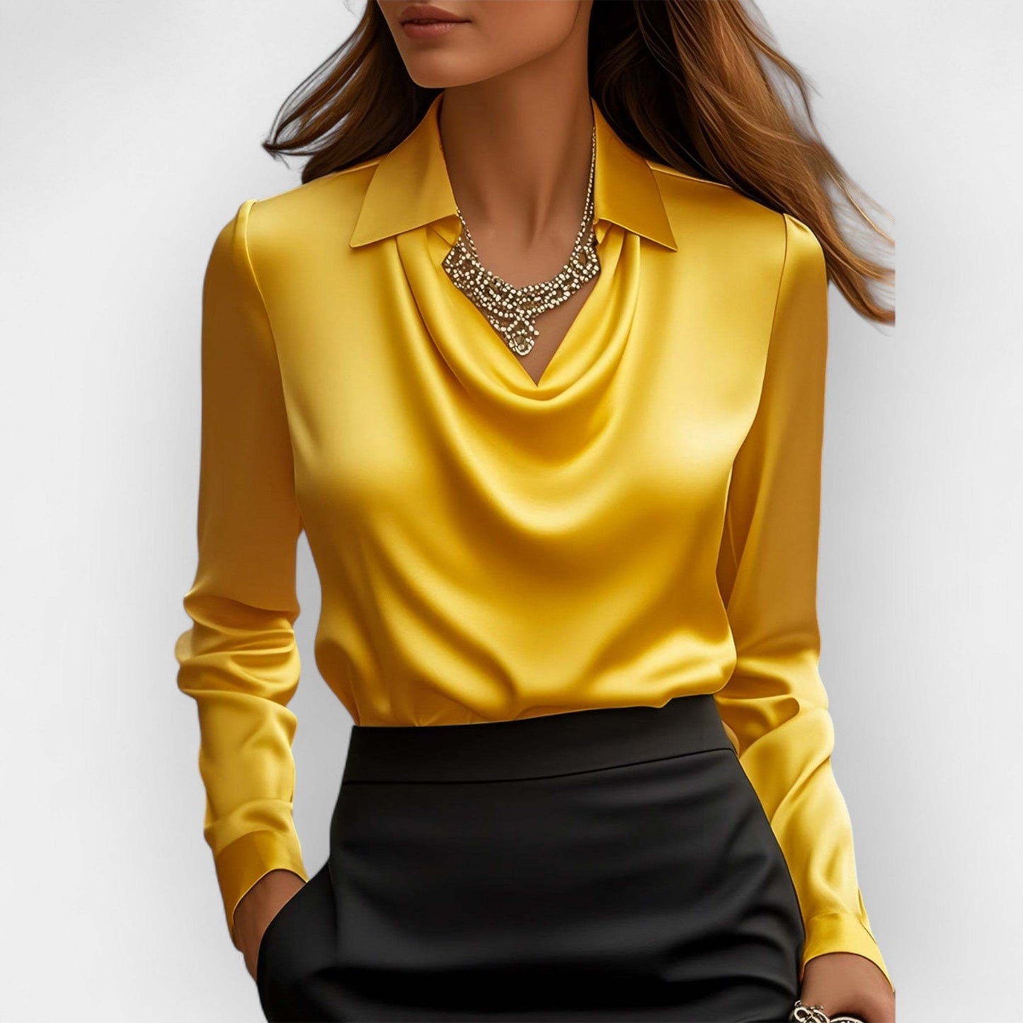 Women's Swing Collar Draped Shirts & Blouses Elegant Solid Satin Office Ladies Top