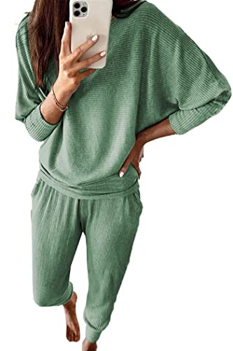 PRETTYGARDEN Women's 2023 Fall Fashion Outfits 2 Piece Sweatsuit Solid Color Long Sleeve Pullover Long Pants (Khaki,XX-Large)