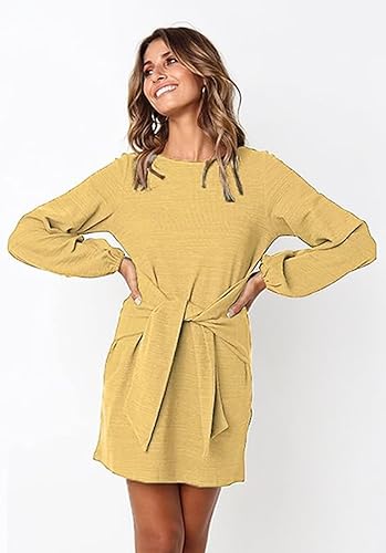 PRETTYGARDEN Women’s Elegant Long Lantern Sleeve Short Dress Crewneck Tie Waist Knit Cocktail Dress Dark Green