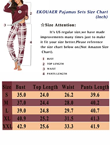 Ekouaer Women's Long Sleeve Pj Soft Crew Neck Pajama Long Sleeve Sweatshirt with Long Pants Red Plaid,Medium