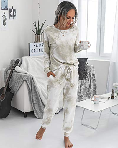 PRETTYGARDEN Women's Tie Dye Two Piece Tracksuit Set Long Sleeve Sweatshirt with Long Pants (Grey,X-Large)