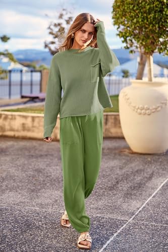 PRETTYGARDEN Women's 2 Piece Tracksuit Outfit Long Sleeve Pullover Top High Waisted Sweatpants with Pockets (Dark Green,Small)