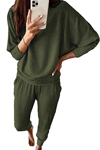 PRETTYGARDEN Women's 2023 Fall Fashion Outfits 2 Piece Sweatsuit Solid Color Long Sleeve Pullover Long Pants (Khaki,XX-Large)