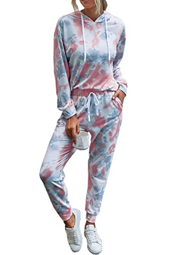 PRETTYGARDEN Women's Tie Dye Two Piece Tracksuit Set Long Sleeve Sweatshirt with Long Pants (Grey,X-Large)