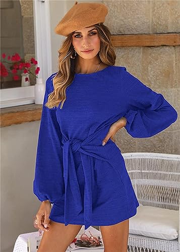 PRETTYGARDEN Women’s Elegant Long Lantern Sleeve Short Dress Crewneck Tie Waist Knit Cocktail Dress Dark Green