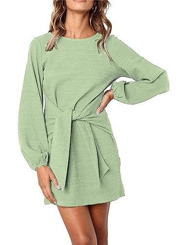 PRETTYGARDEN Women’s Elegant Long Lantern Sleeve Short Dress Crewneck Tie Waist Knit Cocktail Dress Dark Green