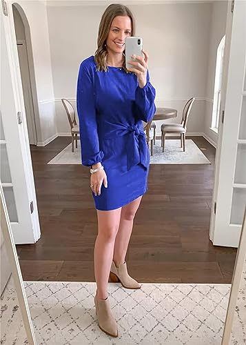 PRETTYGARDEN Women’s Elegant Long Lantern Sleeve Short Dress Crewneck Tie Waist Knit Cocktail Dress Dark Green