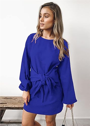 PRETTYGARDEN Women’s Elegant Long Lantern Sleeve Short Dress Crewneck Tie Waist Knit Cocktail Dress Dark Green