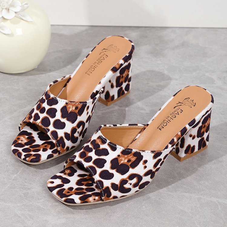 Leopard Square Toe Sandals Summer High-heeled Slippers