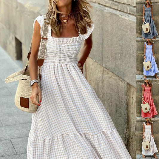 Summer Plaid Print Pleated Ruffle Dress