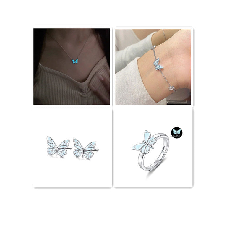 Fashion Blue Luminous Butterfly Necklace Bracelet Set