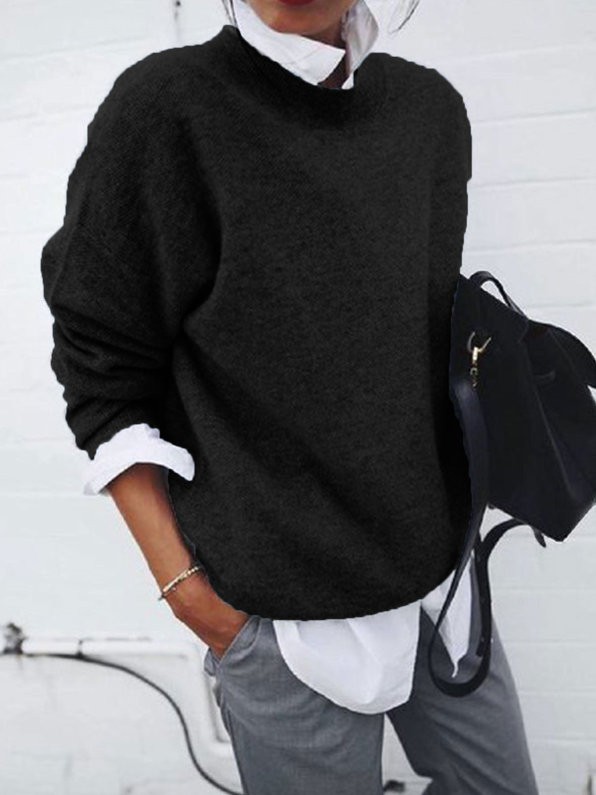 Fashion Long Sleeve Pullover Sweater Fall And Winter Fashion Solid Color Knitted Tops
