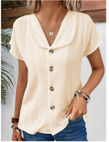 Summer Solid Color Fashion Short-sleeved Cardigan Button Women's Top