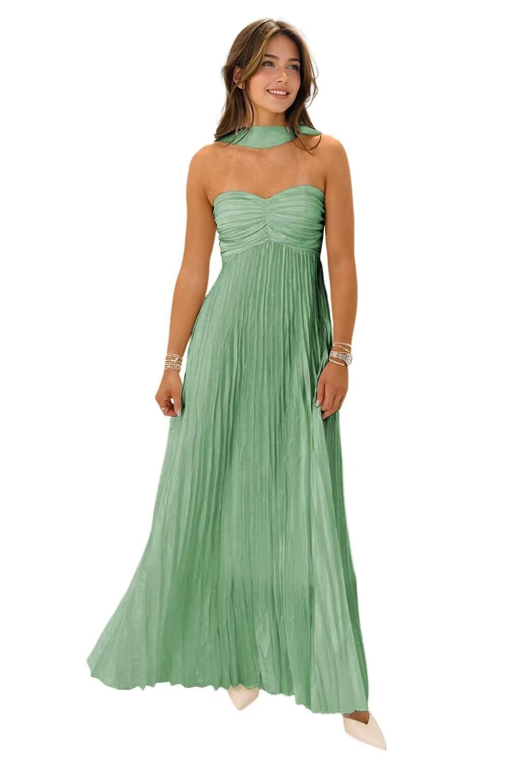 Women's Strapless Chiffon Bridesmaid Dresses with Scarf Long A-Line Pleated Formal Evening Dress WA096