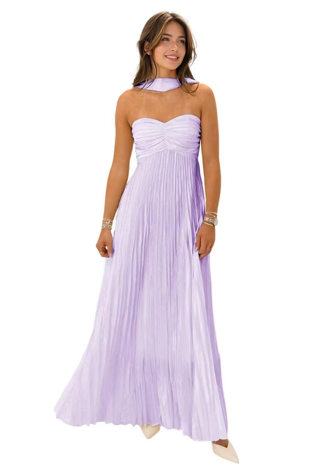 Women's Strapless Chiffon Bridesmaid Dresses with Scarf Long A-Line Pleated Formal Evening Dress WA096