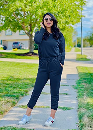 PRETTYGARDEN Women's 2023 Fall Two Piece Outfit Long Sleeve Crewneck Pullover Tops And Long Pants Tracksuit (Black,X-Large)
