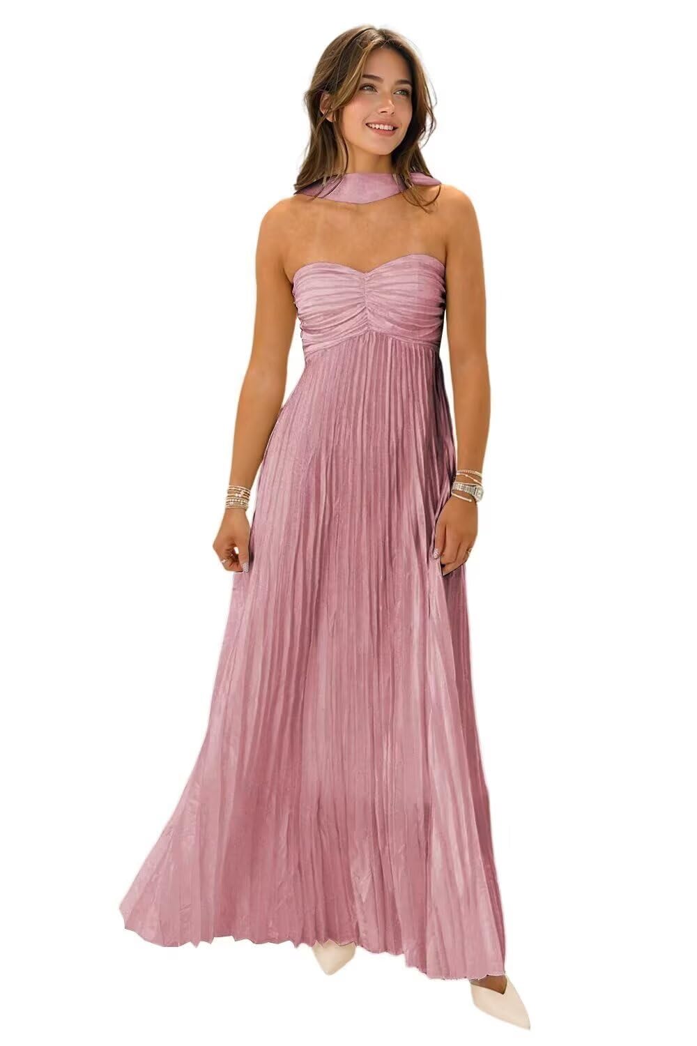 Women's Strapless Chiffon Bridesmaid Dresses with Scarf Long A-Line Pleated Formal Evening Dress WA096