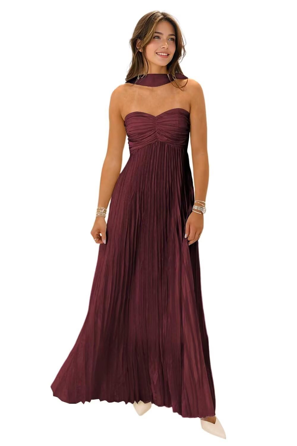 Women's Strapless Chiffon Bridesmaid Dresses with Scarf Long A-Line Pleated Formal Evening Dress WA096