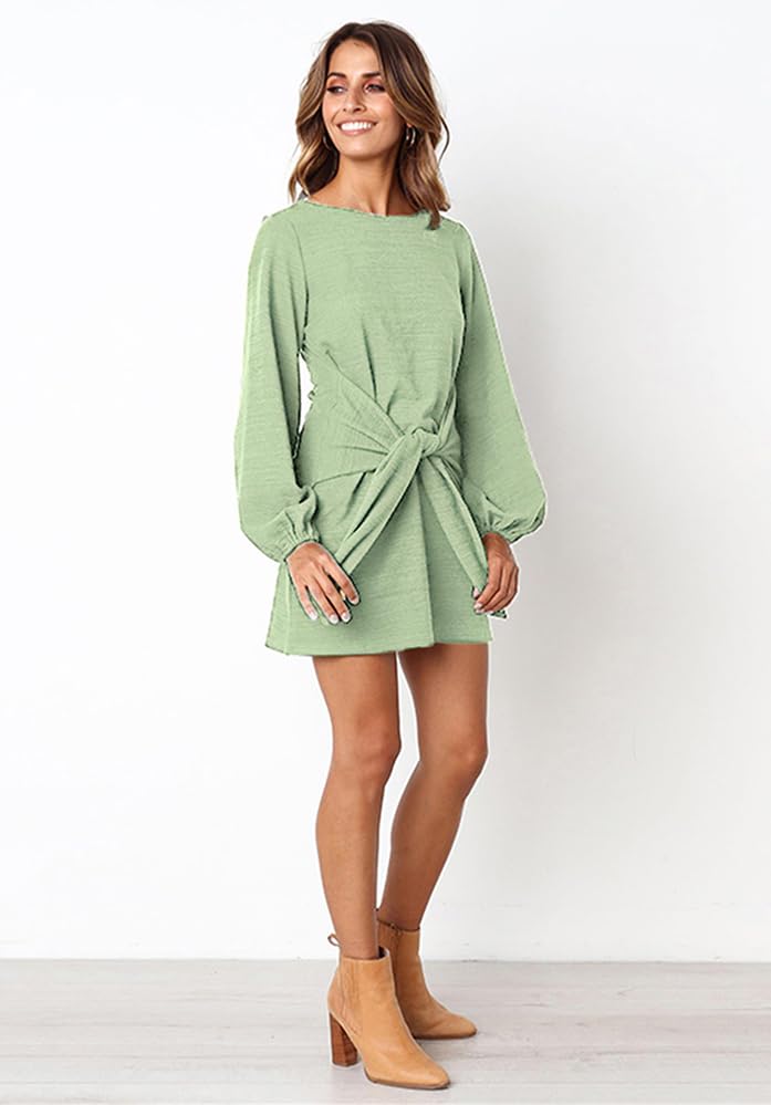 PRETTYGARDEN Women’s Elegant Long Lantern Sleeve Short Dress Crewneck Tie Waist Knit Cocktail Dress Dark Green