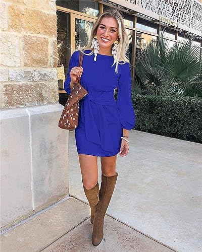 PRETTYGARDEN Women’s Elegant Long Lantern Sleeve Short Dress Crewneck Tie Waist Knit Cocktail Dress Dark Green