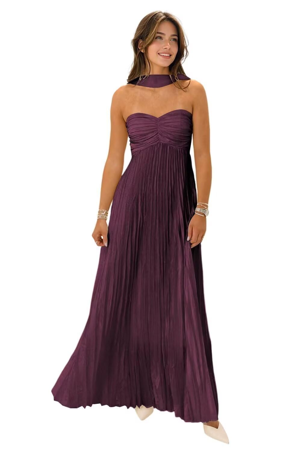 Women's Strapless Chiffon Bridesmaid Dresses with Scarf Long A-Line Pleated Formal Evening Dress WA096