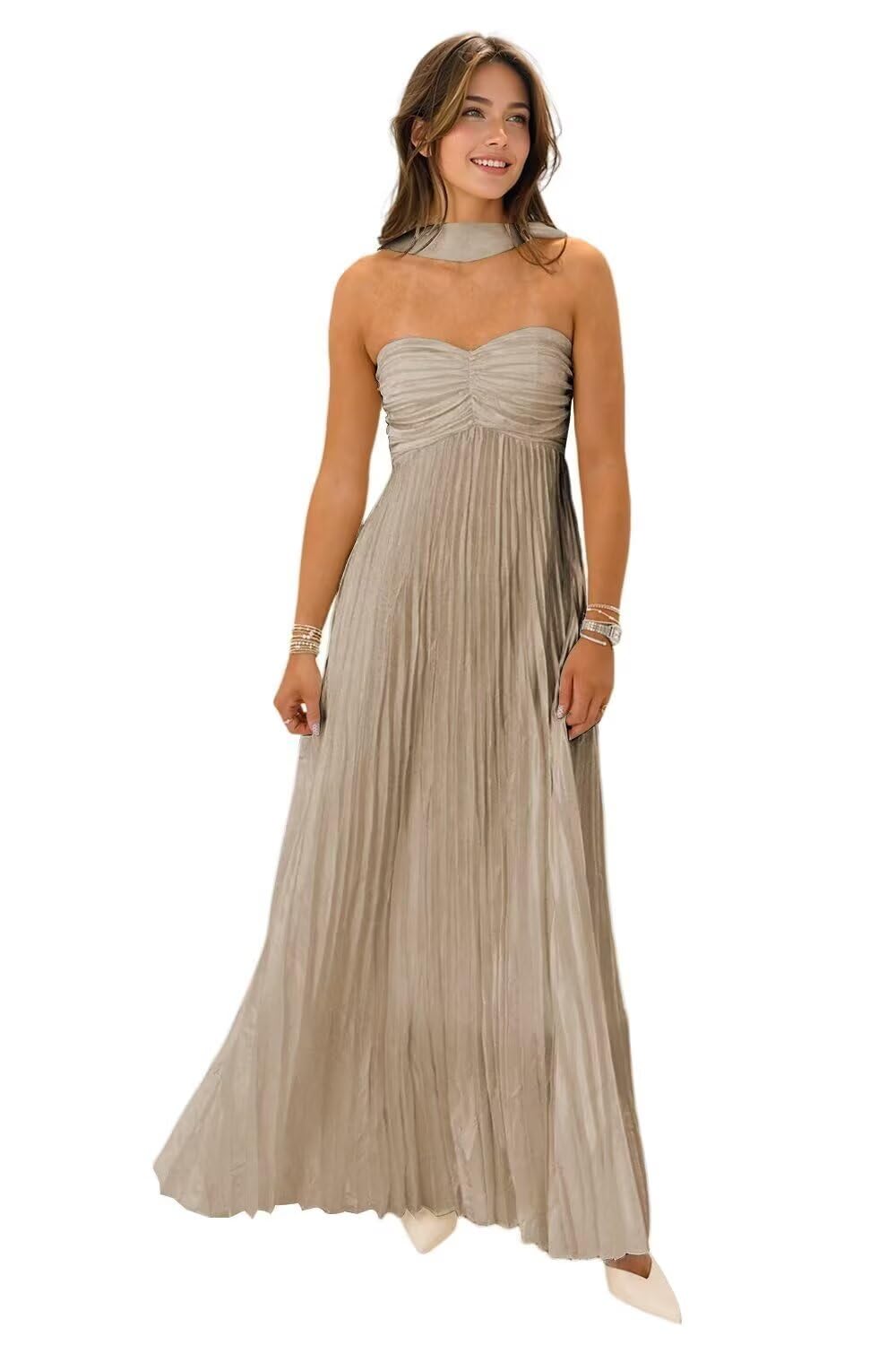Women's Strapless Chiffon Bridesmaid Dresses with Scarf Long A-Line Pleated Formal Evening Dress WA096