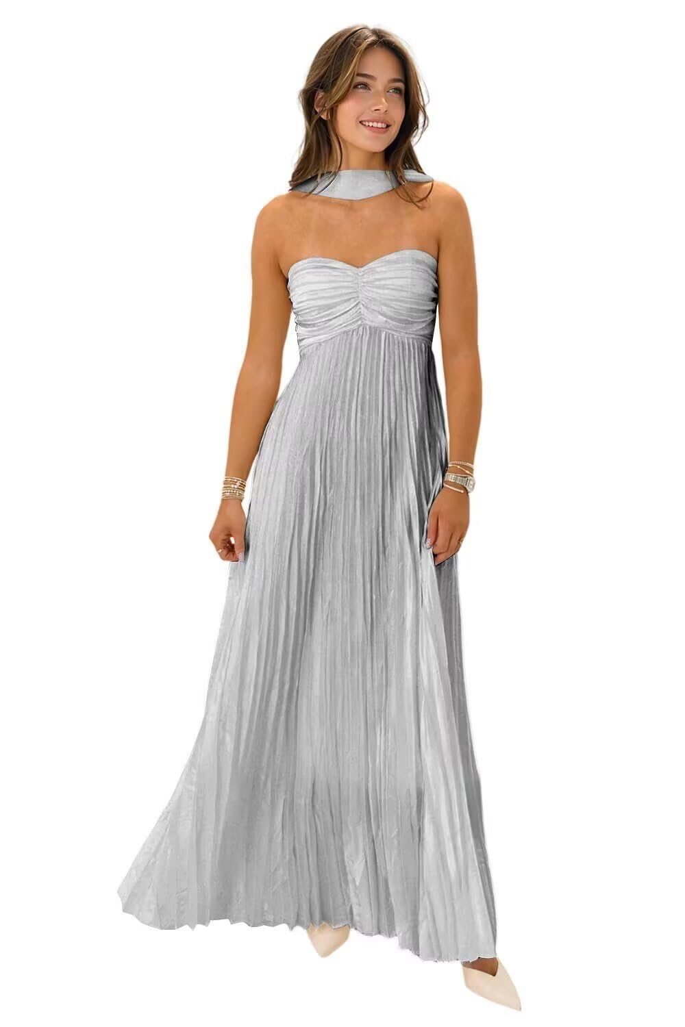 Women's Strapless Chiffon Bridesmaid Dresses with Scarf Long A-Line Pleated Formal Evening Dress WA096
