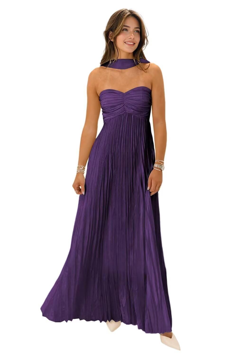 Women's Strapless Chiffon Bridesmaid Dresses with Scarf Long A-Line Pleated Formal Evening Dress WA096