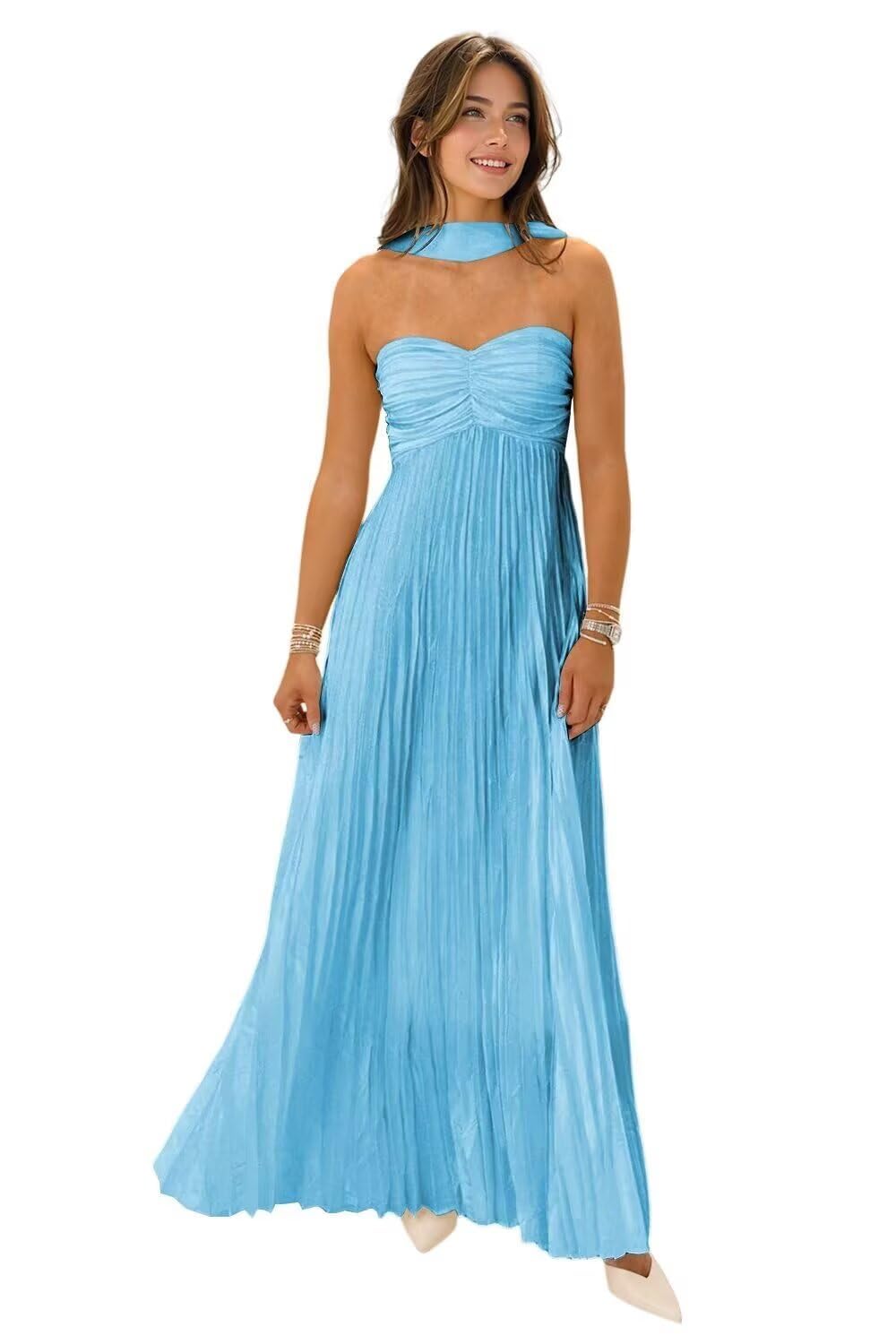 Women's Strapless Chiffon Bridesmaid Dresses with Scarf Long A-Line Pleated Formal Evening Dress WA096