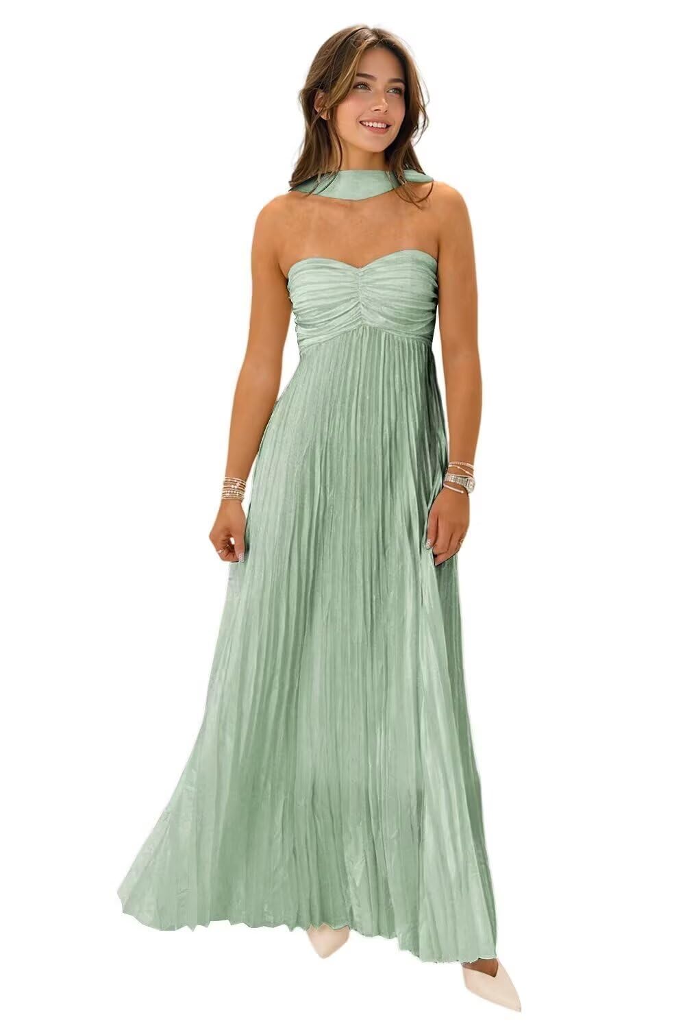Women's Strapless Chiffon Bridesmaid Dresses with Scarf Long A-Line Pleated Formal Evening Dress WA096