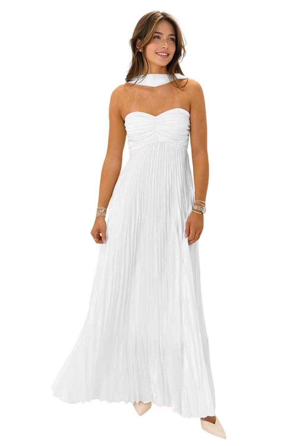 Women's Strapless Chiffon Bridesmaid Dresses with Scarf Long A-Line Pleated Formal Evening Dress WA096