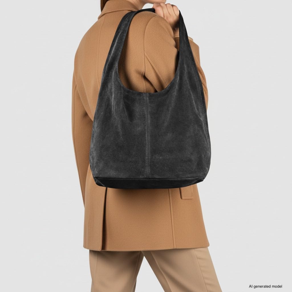 Italian Genuine Suede Hobo Handbag for Women, Large Slouchy (Black)